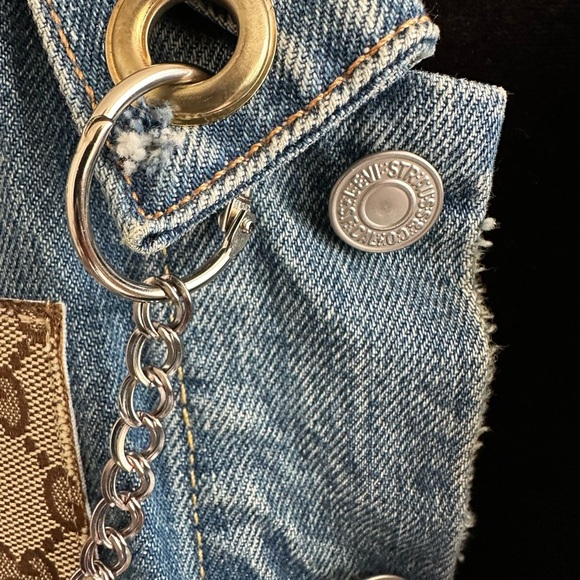 Very Rare 90s LEVI'S Denim Trucker  Hippie Grunge Jacket Patch and Chains, L. - Picture 6 of 16